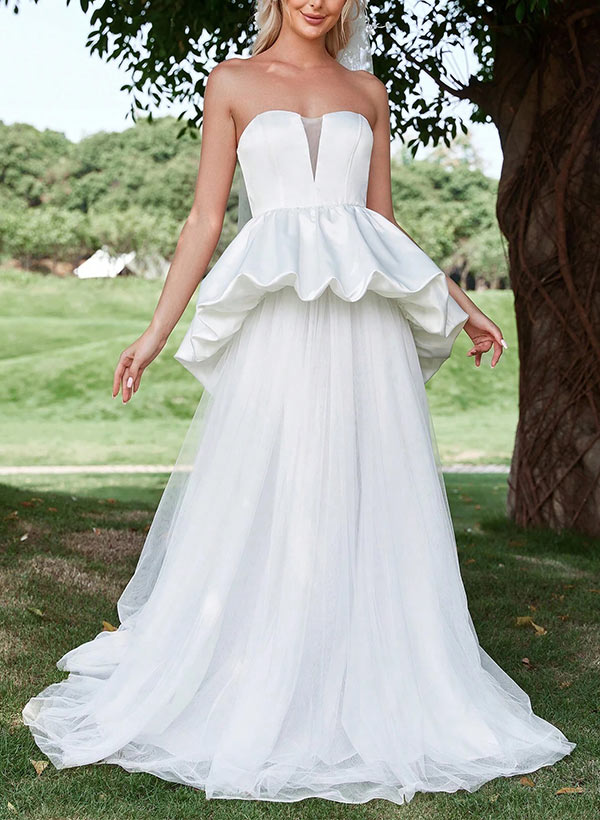 Strapless Chic A-line Wedding Dresses Cascading Ruffles Sweep Train in Satin Tulle-Dbrbridal