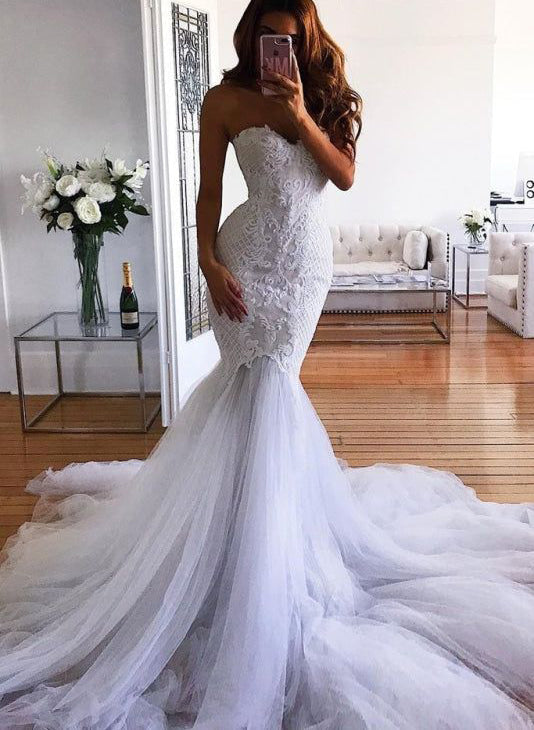 Strapless Lace Mermaid Fitted Wedding Dresses-Dbrbridal