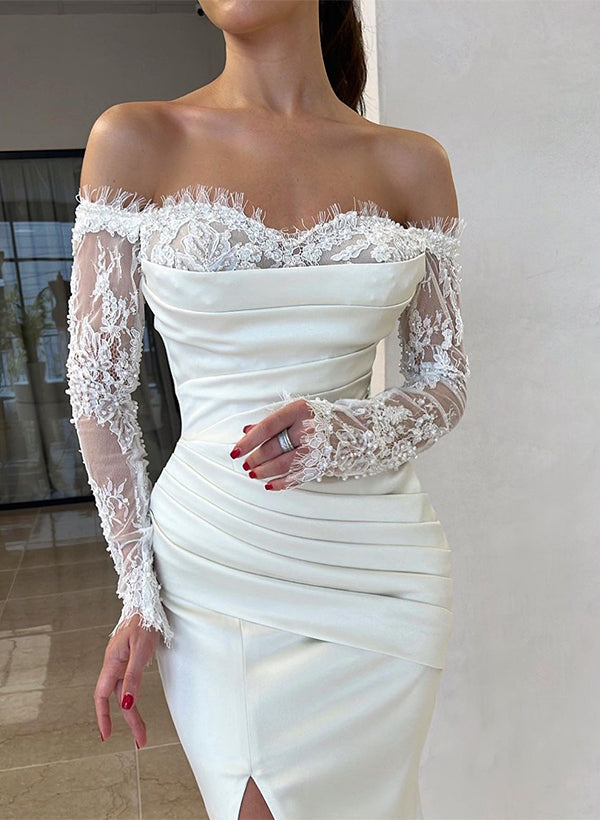 Strapless Long Sleeves Satin Wedding Dresses Lace-Dbrbridal