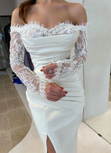 Strapless Long Sleeves Satin Wedding Dresses Lace-Dbrbridal