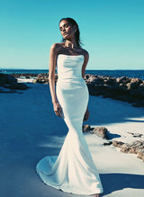 Strapless Mermaid Fitted Wedding Dresses Elastic Satin Sweep Train for Summer Beach-Dbrbridal