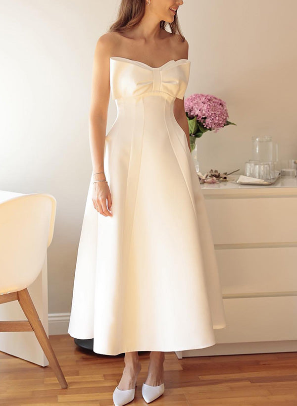 Strapless Sleeveless Ankle-Length Satin Wedding Dresses Bows-Dbrbridal