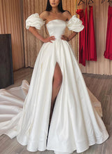 Strapless Sleeveless Court Train Chic A-line Wedding Dresses-Dbrbridal