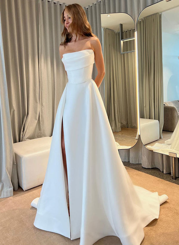 Strapless Sleeveless Court Train Satin Wedding Dresses Split Front-Dbrbridal