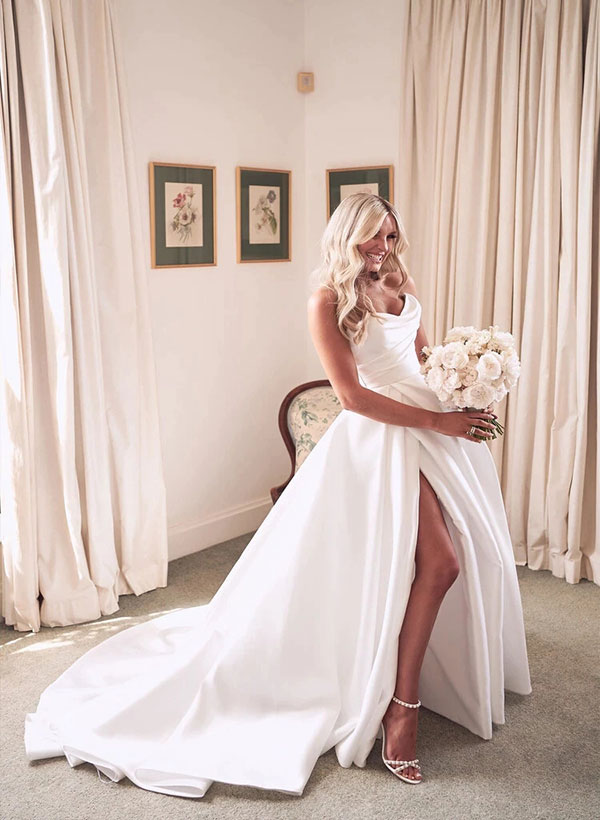 Strapless Sleeveless Satin Ball-Gown Wedding Dress Sweep Train Split Front-Dbrbridal