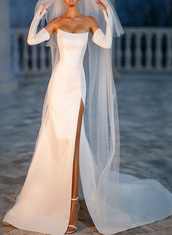 Strapless Sleeveless Satin Sweep Train Wedding Dress-Dbrbridal