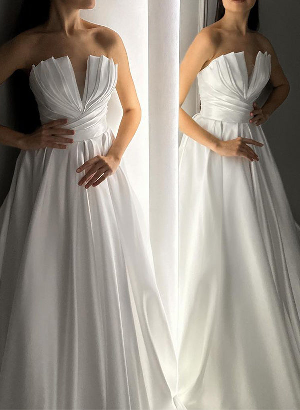 Strapless Sleeveless Satin Wedding Dresses Ruffle-Dbrbridal