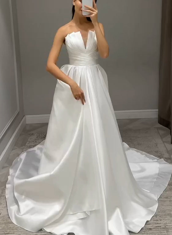 Strapless Sleeveless Satin Wedding Dresses Ruffle-Dbrbridal