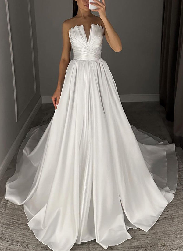 Strapless Sleeveless Satin Wedding Dresses Ruffle-Dbrbridal