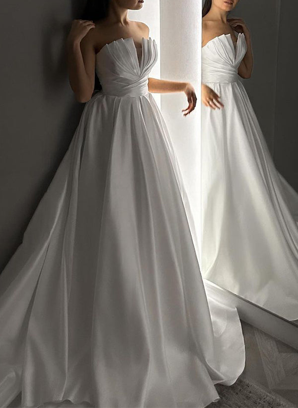 Strapless Sleeveless Satin Wedding Dresses Ruffle-Dbrbridal