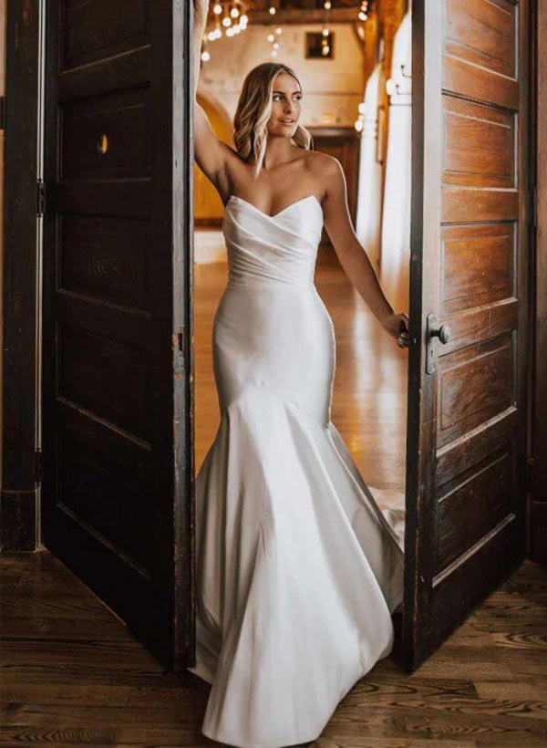 Strapless Sleeveless Sweep Train Satin Wedding Dress-Dbrbridal