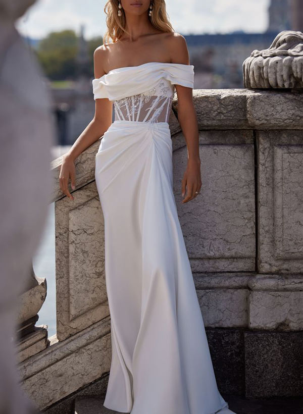 Strapless Sleeveless Wedding Dresses Sweep Train in Elastic Satin-Dbrbridal