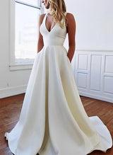 Stretch Crepe Sleeveless V-neck Wedding Dress Chic A-line Silhouette Ruffles Sweep Train-Dbrbridal