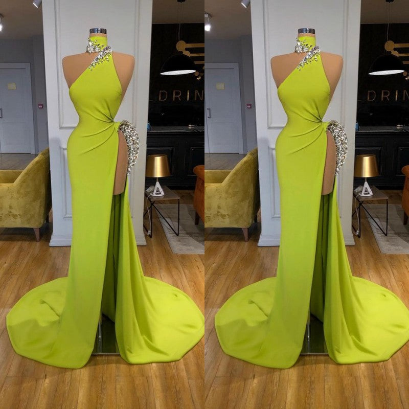 Stunning Ginger yellow Neck Glamorous high side-cut Long Evening Dress Triangle-Dbrbridal