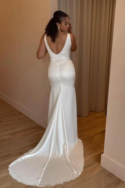 Stunning Long White Mermaid Satin Sleeveless Wedding Dresses with Slit-Dbrbridal