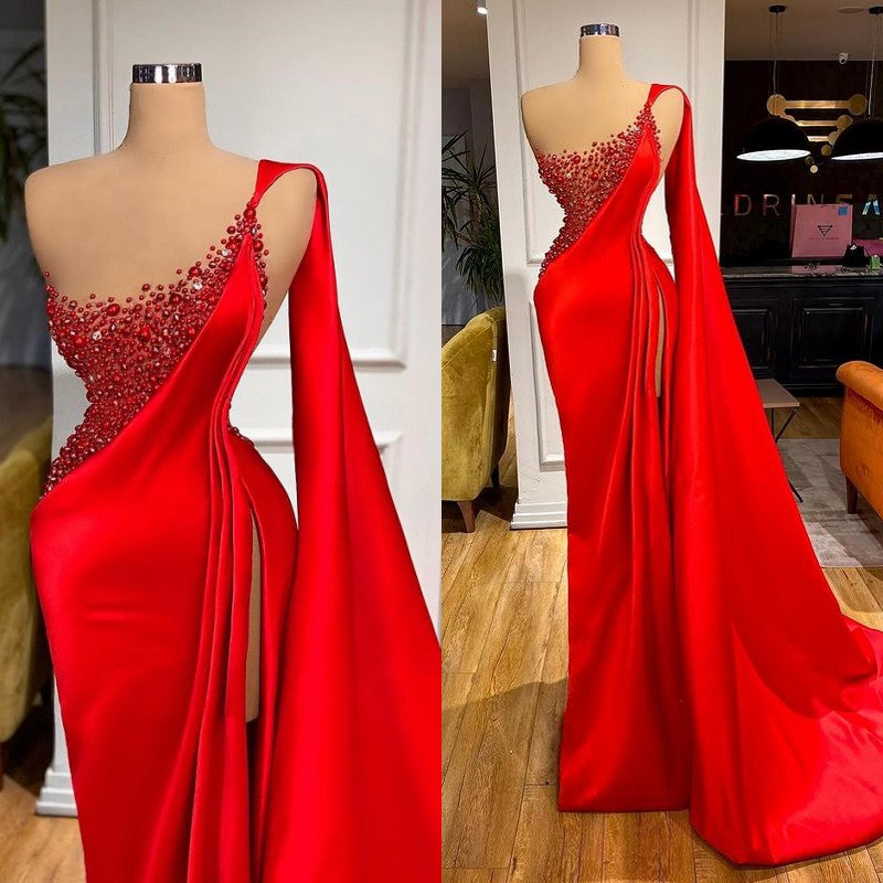 Stunning Red Stones High split mermaid Evening Dress Sleeveless-Dbrbridal