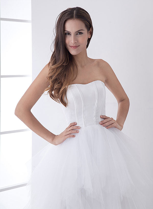 Stunning White Strapless Satin High Low Wedding Dress-Dbrbridal