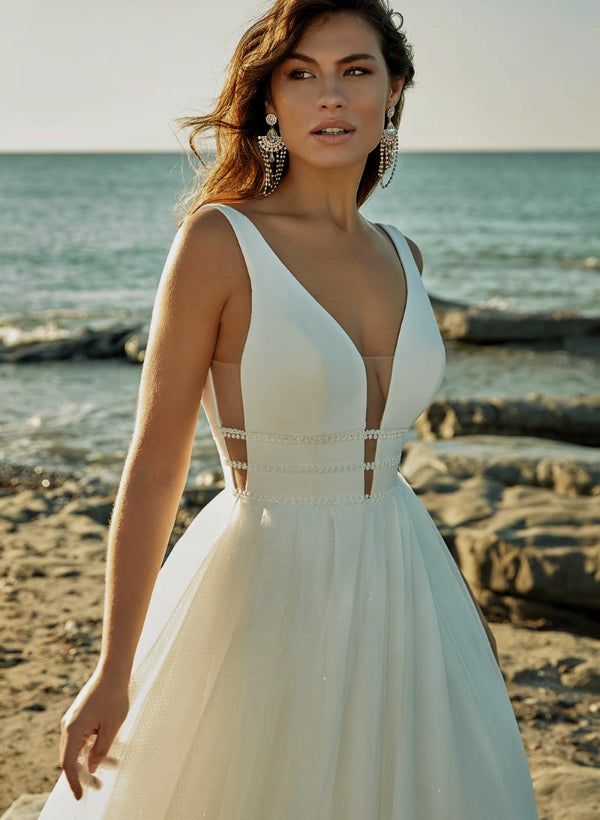 Summer Beach Ball-Gown Wedding Dress Beaded V-neck Open Back-Dbrbridal