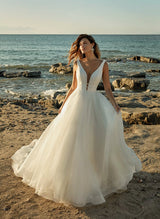 Summer Beach Ball-Gown Wedding Dress Beaded V-neck Open Back-Dbrbridal