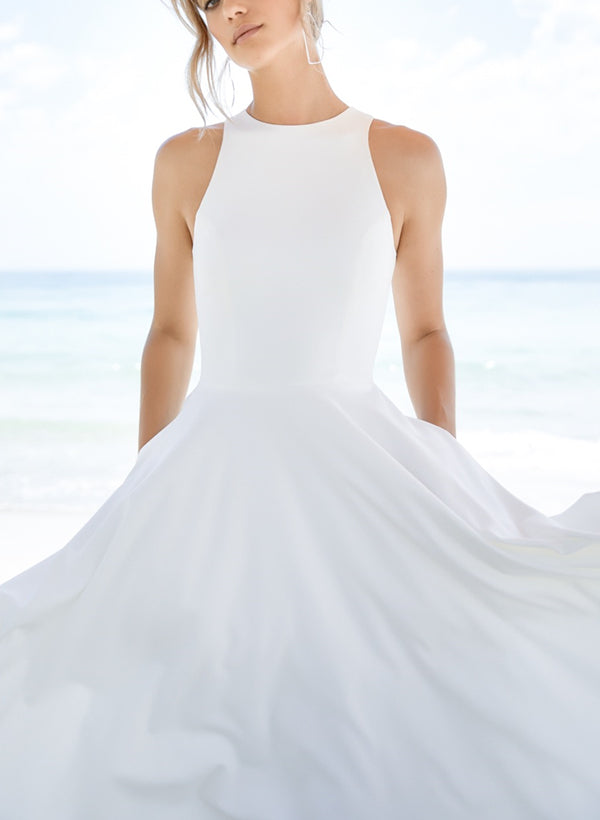 Summer Beach Chic A-line Wedding Dresses High Low Hem Satin Scoop Neck-Dbrbridal