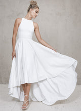 Summer Beach Chic A-line Wedding Dresses High Low Hem Satin Scoop Neck-Dbrbridal