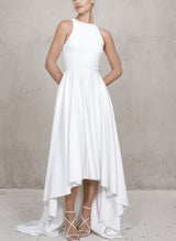 Summer Beach Chic A-line Wedding Dresses High Low Hem Satin Scoop Neck-Dbrbridal