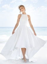 Summer Beach Chic A-line Wedding Dresses High Low Hem Satin Scoop Neck-Dbrbridal