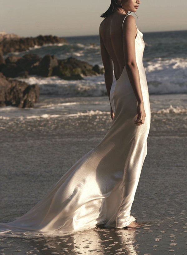 Summer Beach Open Back Silk Like Satin Wedding Dresses-Dbrbridal