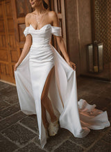 Sweep Train Satin Panel Wedding Dress Split Front-Dbrbridal