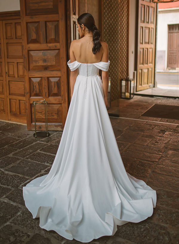 Sweep Train Satin Panel Wedding Dress Split Front-Dbrbridal