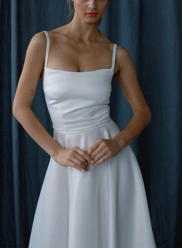 Sweet Little White Satin Wedding Dresses Chic A-line Square Neckline-Dbrbridal