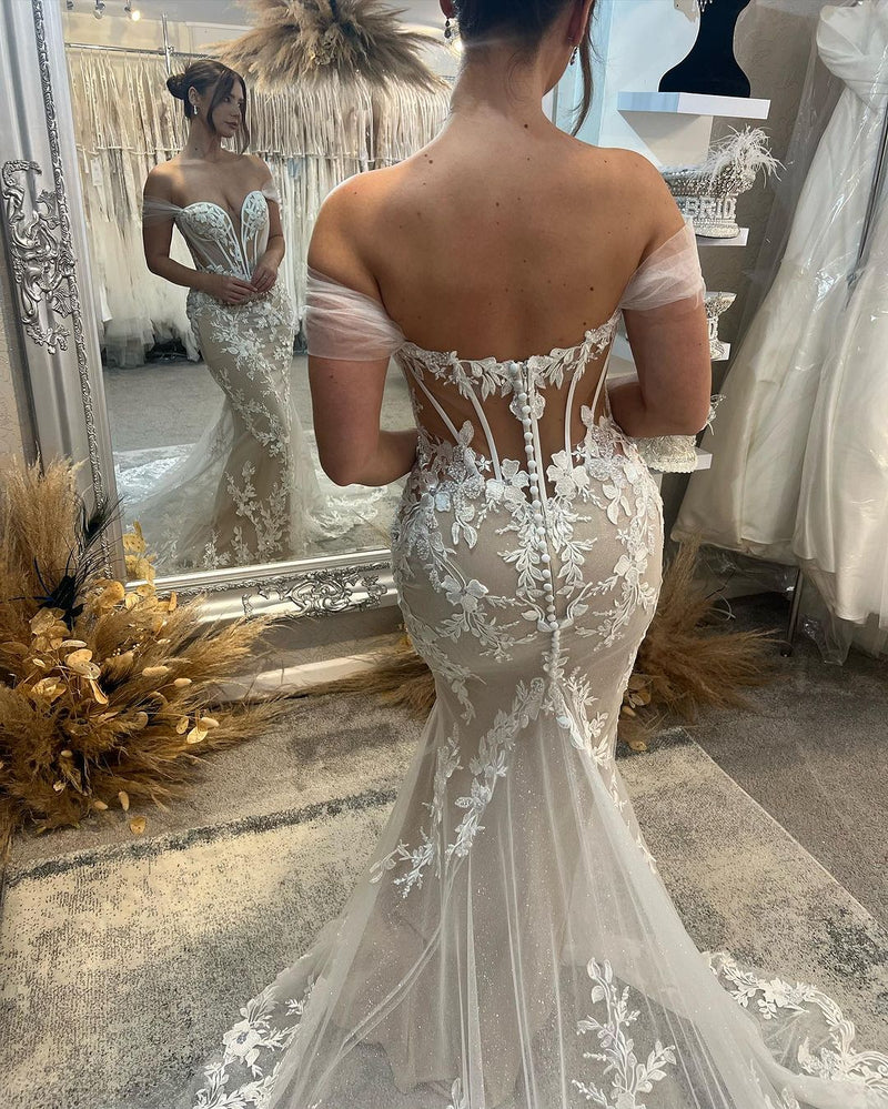 Sweetheart Long Mermaid Off-the-shoulder Glitter Appliques Wedding Dress-Dbrbridal