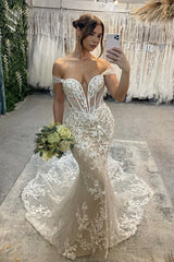 Sweetheart Long Mermaid Off-the-shoulder Glitter Appliques Wedding Dress-Dbrbridal