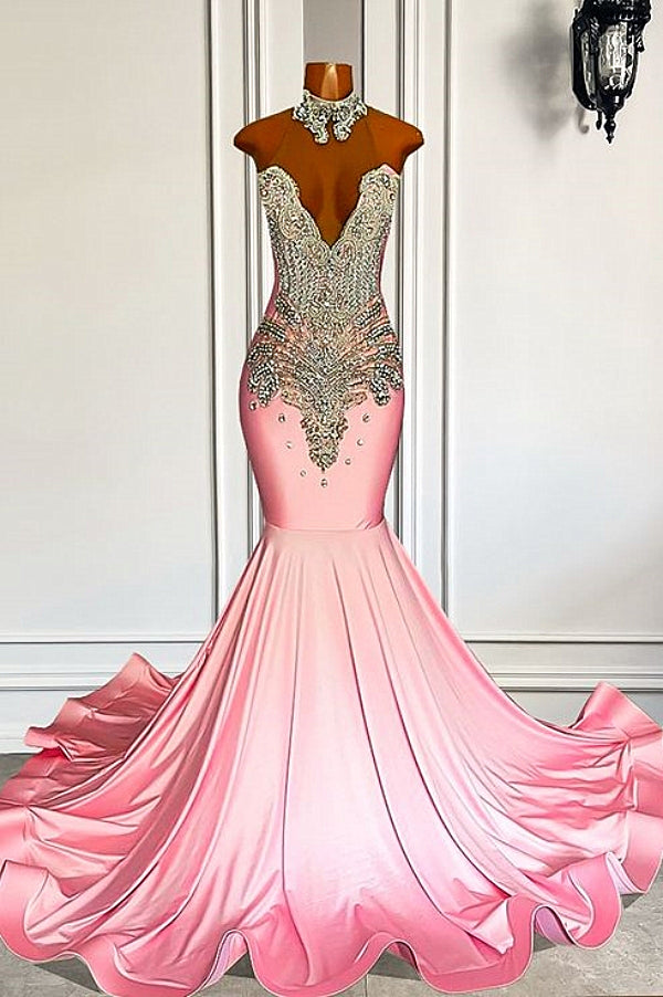 Sweetheart Silver Beaded Pink Mermaid Satin Prom Dresses-Dbrbridal