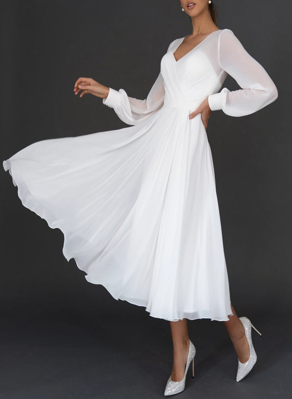 Tea-Length Chic A-line Wedding Dress Long Sleeves Chiffon V-Neck-Dbrbridal