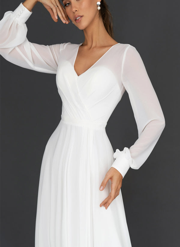 Tea-Length Chic A-line Wedding Dress Long Sleeves Chiffon V-Neck-Dbrbridal