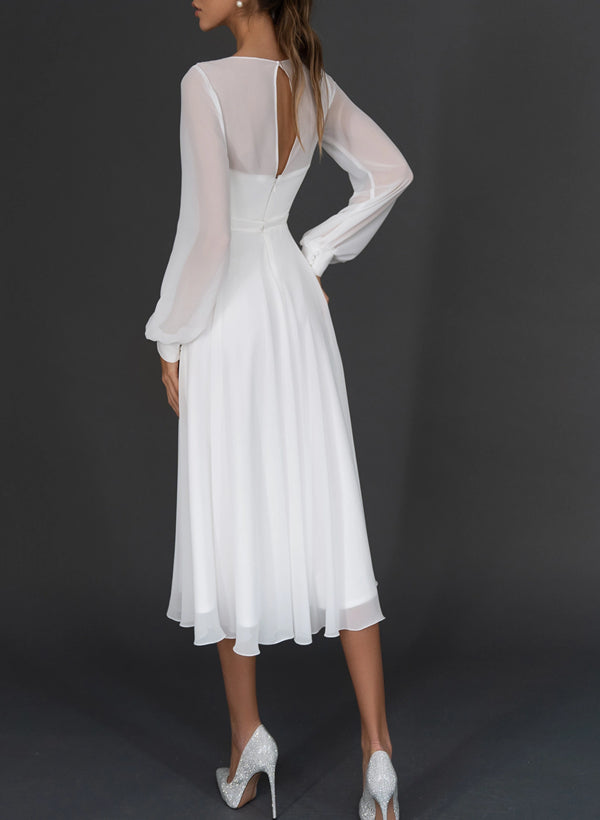 Tea-Length Chic A-line Wedding Dress Long Sleeves Chiffon V-Neck-Dbrbridal