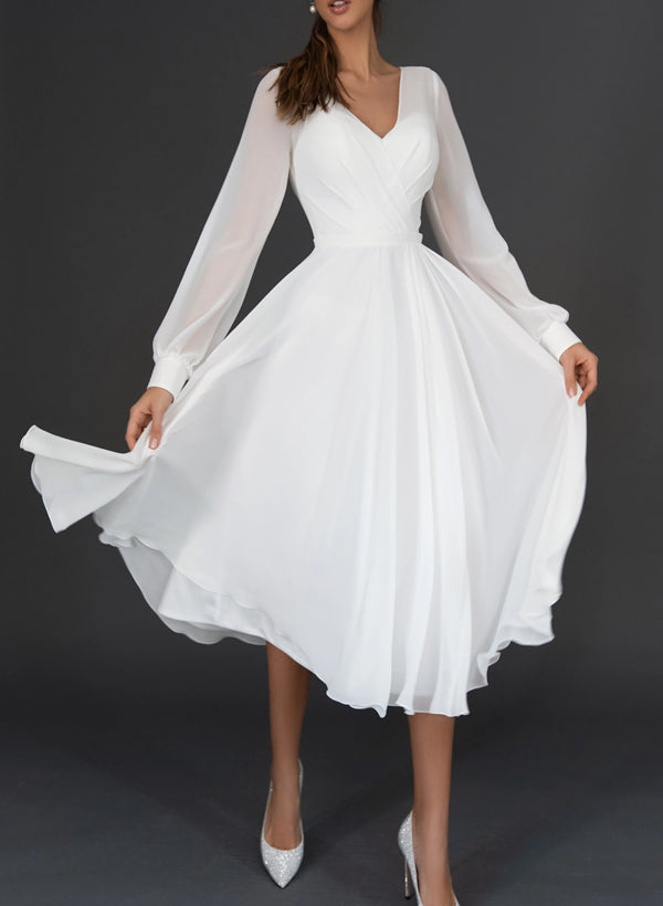 Tea-Length Chic A-line Wedding Dress Long Sleeves Chiffon V-Neck-Dbrbridal