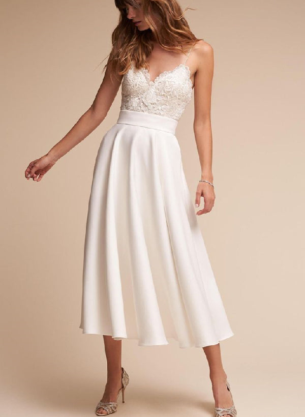 Tea-Length Lace Short Reception Wedding Dresses-Dbrbridal