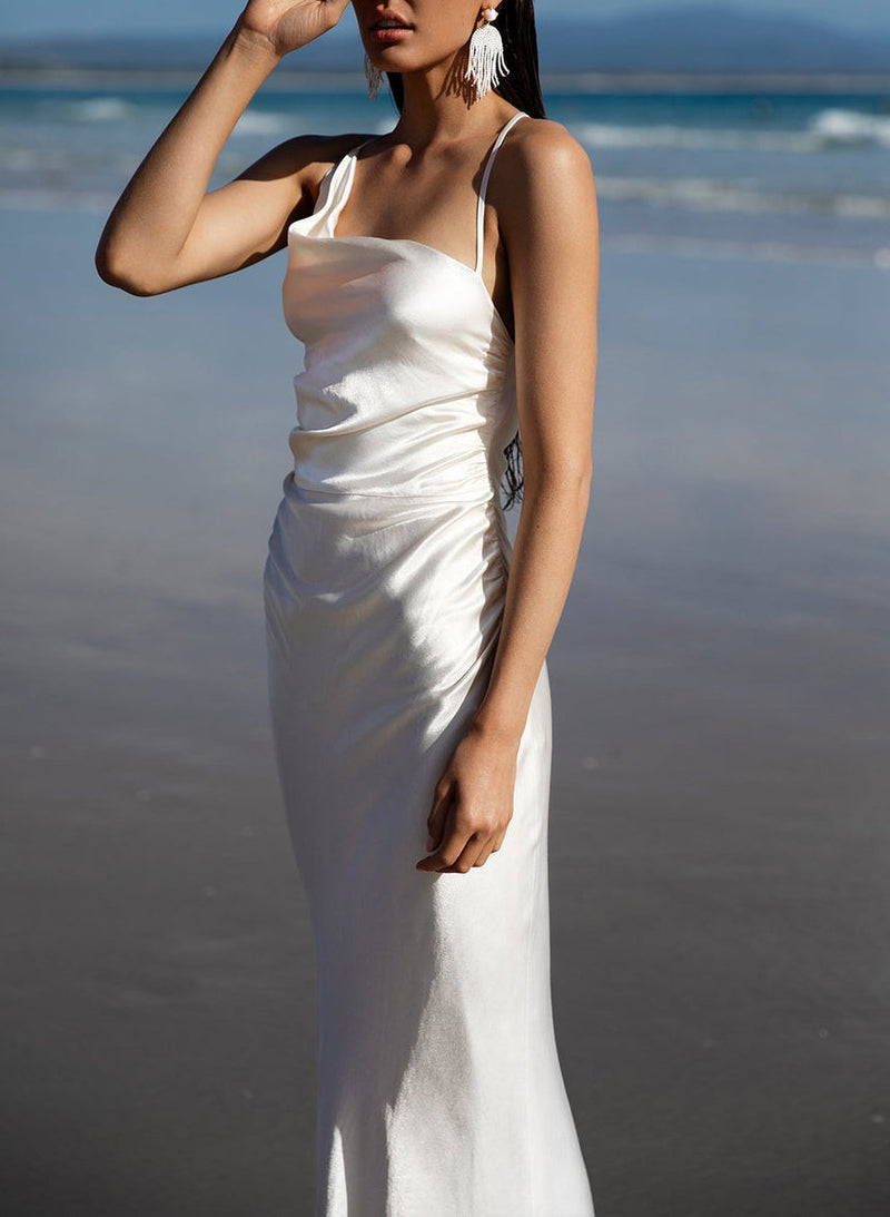 Tea-Length Open Back Mermaid Fitted Wedding Dresses Silk Like Satin-Dbrbridal