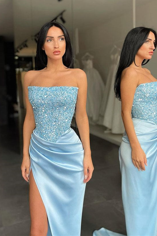 Trendy Sky blue Sequin Top High split Prom Dress Strapless-Dbrbridal