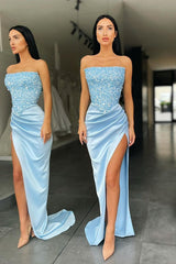 Trendy Sky blue Sequin Top High split Prom Dress Strapless-Dbrbridal