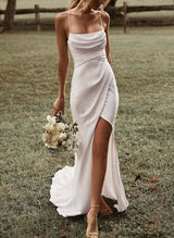 Trumpet Mermaid Fitted Cowl Neck Satin Sweep Train Wedding Dresses Split Front-Dbrbridal