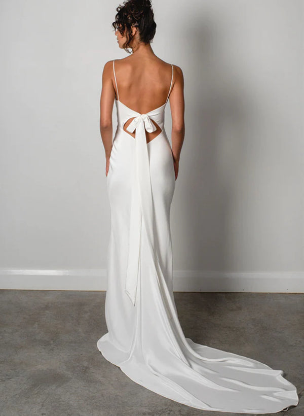 Trumpet Mermaid Fitted Cowl Neck Satin Sweep Train Wedding Dresses Split Front-Dbrbridal