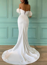 Trumpet Mermaid Fitted Elegant Sweetheart Long Sleeves Satin Wedding Dresses Split Front-Dbrbridal