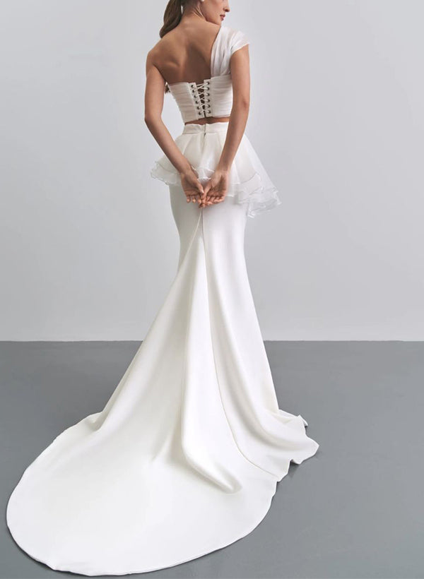 Trumpet Mermaid Fitted One Shoulder Tulle Elastic Satin Wedding Dresses-Dbrbridal