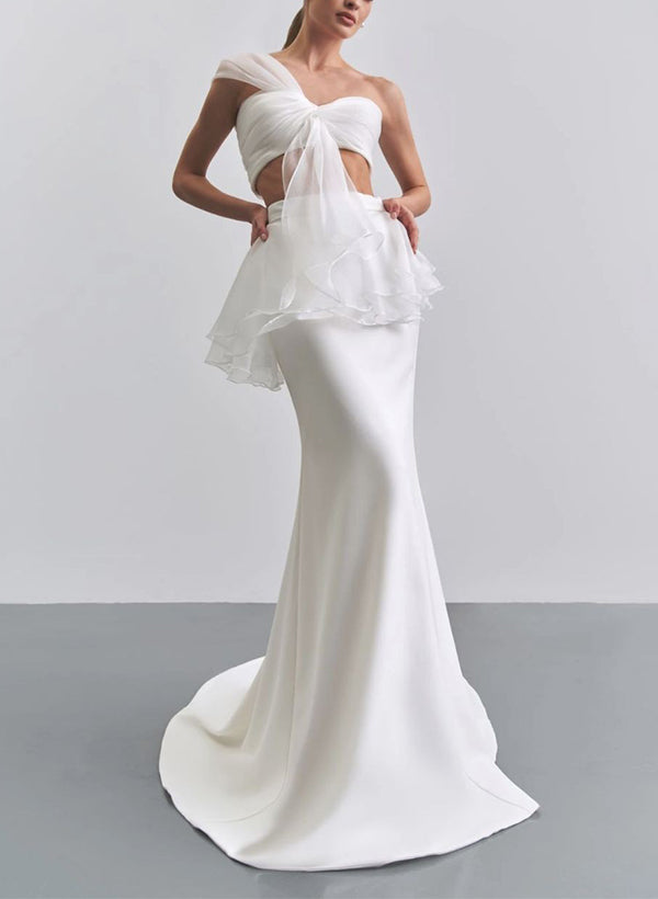 Trumpet Mermaid Fitted One Shoulder Tulle Elastic Satin Wedding Dresses-Dbrbridal