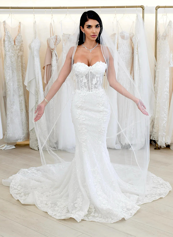 Trumpet Mermaid Fitted Sleeveless Lace Court Train Wedding Dress Appliques Lace-Dbrbridal