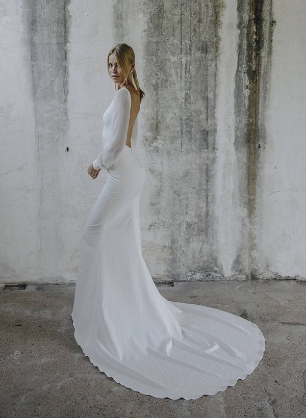 Trumpet Mermaid Fitted V-neck Long Sleeves Court Train Chiffon Wedding Dresses-Dbrbridal