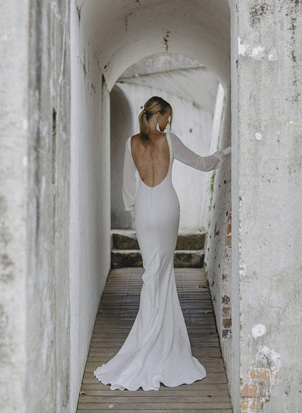 Trumpet Mermaid Fitted V-neck Long Sleeves Court Train Chiffon Wedding Dresses-Dbrbridal